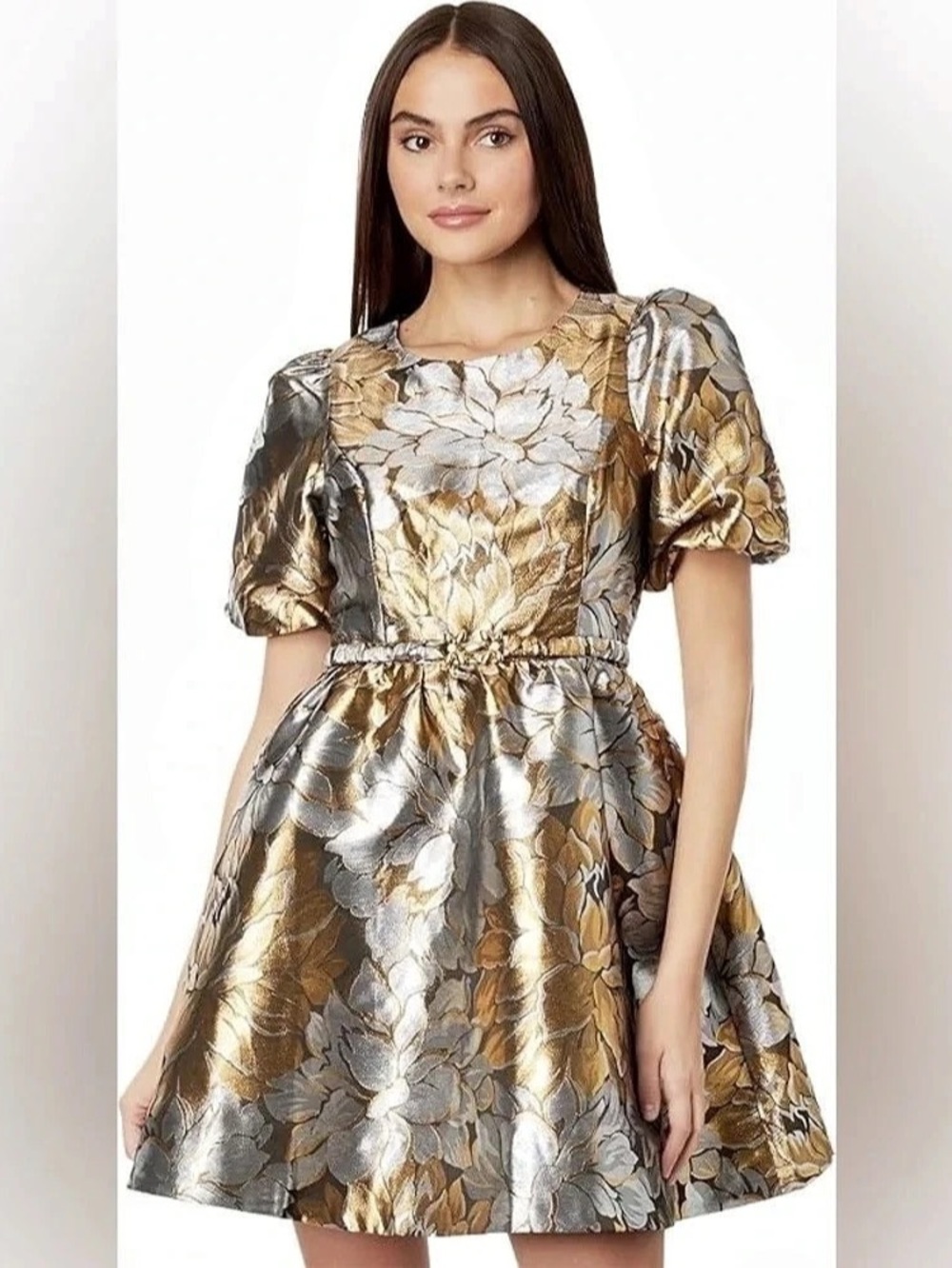NWT Lilly Pulitzer Priyanka Short Sleeve Dress Size 8 Gold Metallic Peony Parade